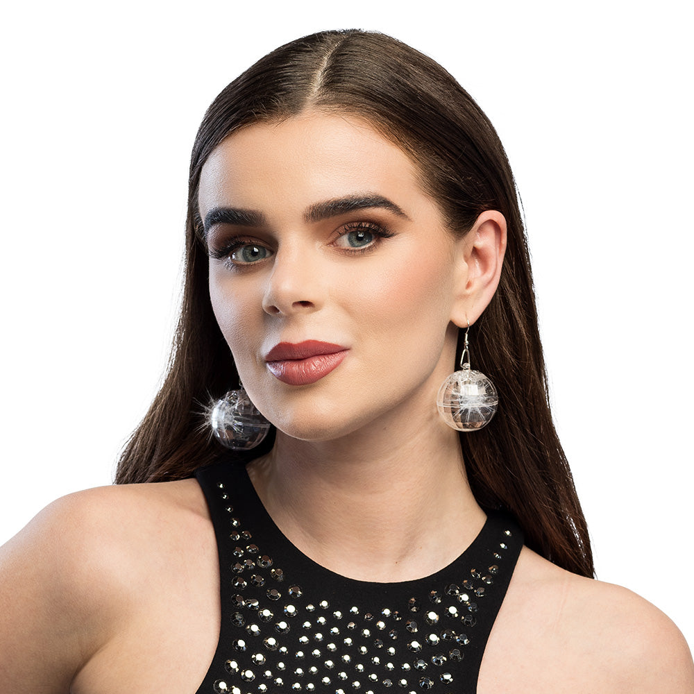 LED discobal oorbellen, discobal kostuum accessoires, led-oorbellen, lichtprojectie oorbellen, discobal sieraden, led-feestaccessoires voor carnaval, themafeest, jaren 70 80 90 outfit dames, Kunststof