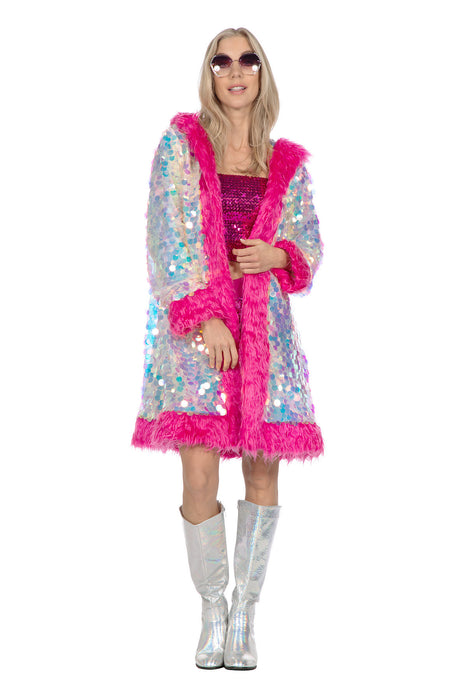 Holografische paillettenjas lang met bont