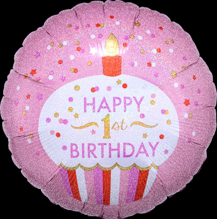 Folieballon Standard Holographic 1st Birthday Cupcake Girl