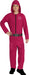 Woman in Squid Game guard costume with red jumpsuit and hood, hands in pockets, standing confidently