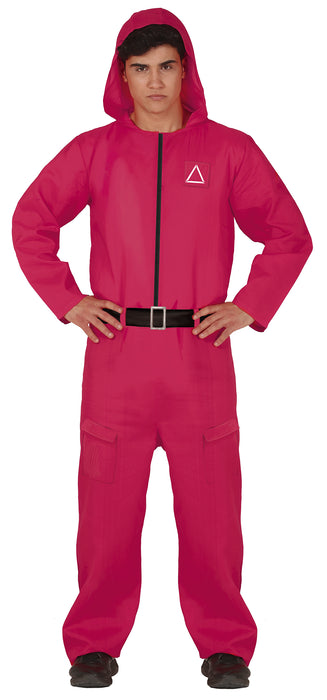 Man wearing Squid Game guard costume with red jumpsuit and hood, featuring triangle symbol on chest