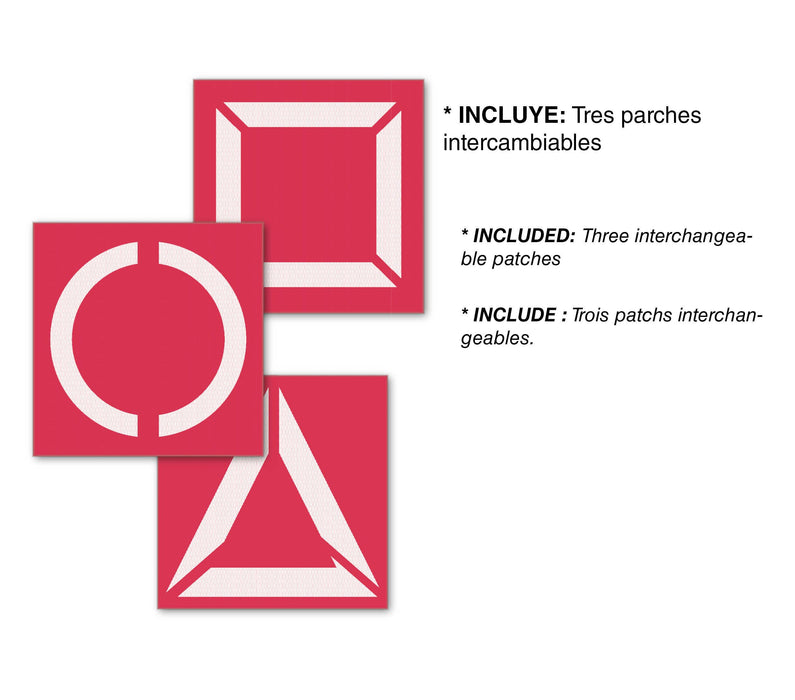 Three interchangeable costume patches in red with circular and triangular designs, described in English, Spanish, and French.