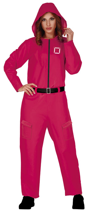 Woman posing in a Squid Game guard costume with a red jumpsuit and belt, hands on hips, ready for a costume party.