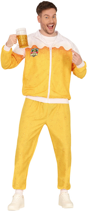 Man in vibrant yellow 'Team Bier' tracksuit holding a beer mug, with a playful expression and fun beer foam design.