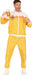 Man in vibrant yellow 'Team Bier' tracksuit holding a beer mug, with a playful expression and fun beer foam design.