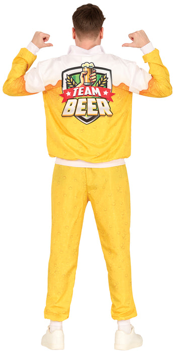 Man from behind wearing yellow 'Trainingspak Team Bier' tracksuit with logo on jacket.