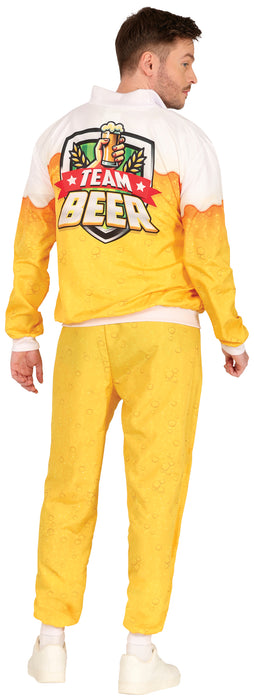 Man wearing yellow and white "Team Beer" training suit, displaying the logo on back, casual sportswear attire