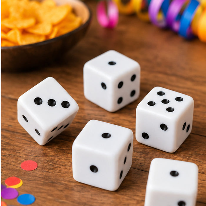 Vijf witte XL dobbelstenen op een feestelijke tafel met confetti
