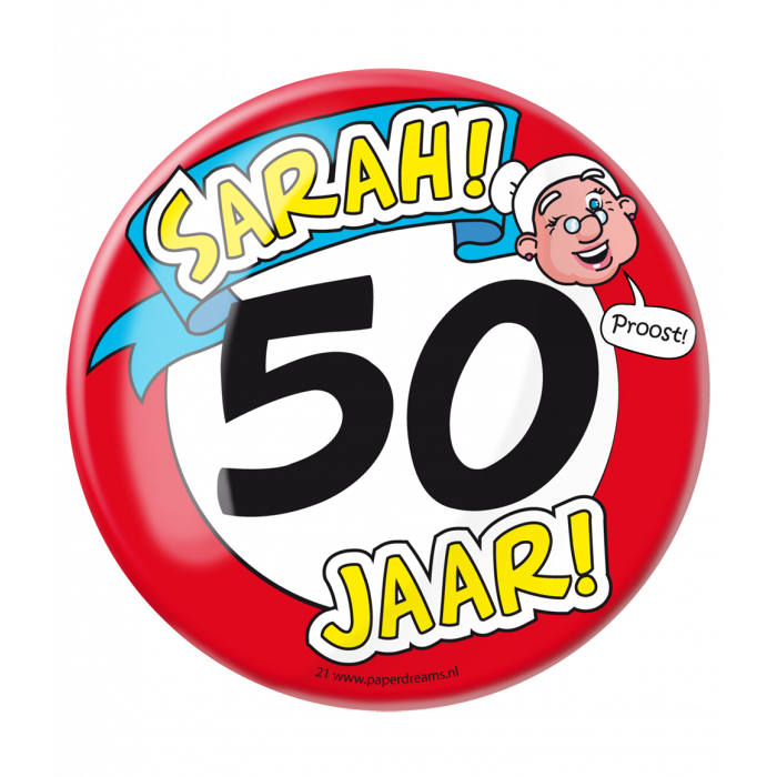 Sarah 50 jaar button XL