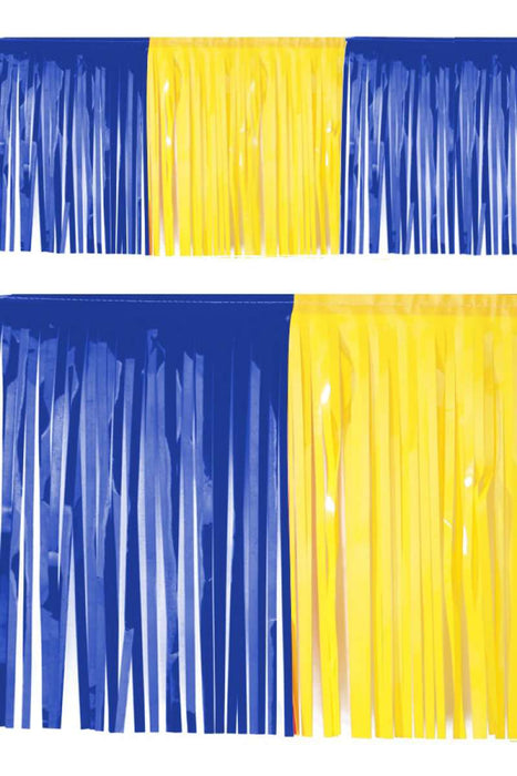 PVC slierten folie guirlande blauw/geel 6 meter x 30 cm BRANDVEILIG