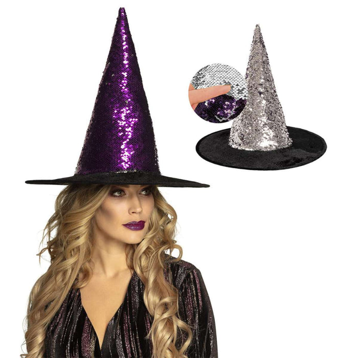 Heksen hoed omkeerbaar paars/zilver)
