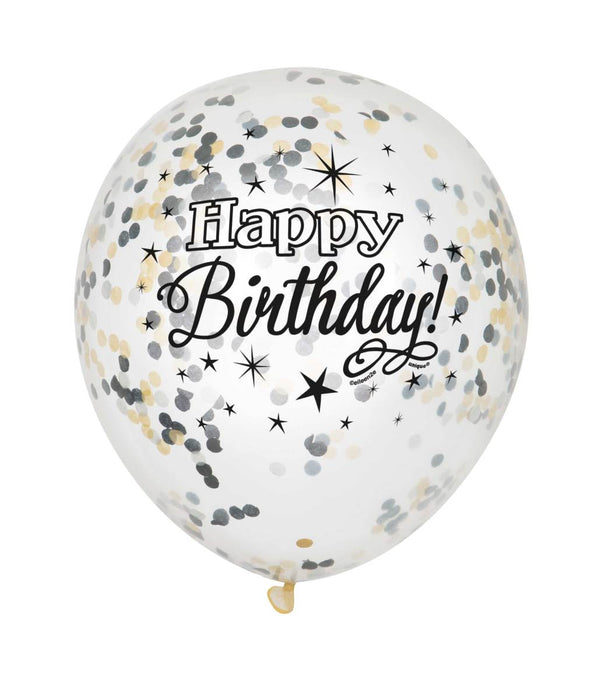 Ballonnen Happy Birthday met confetti zwart/goud/zilver